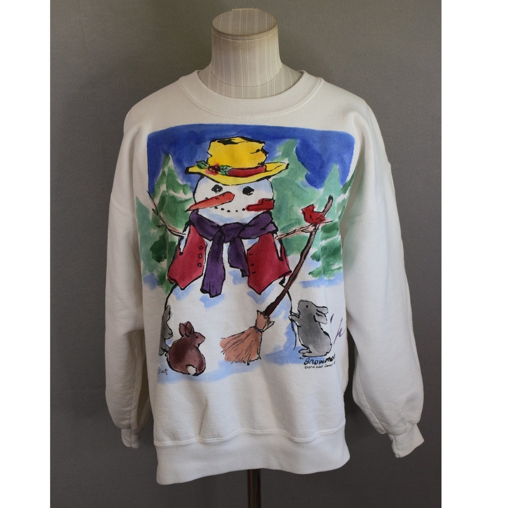 Diane Wat Design Snowman Sweatshirt Medium White Vintage Graphic Christmas Women